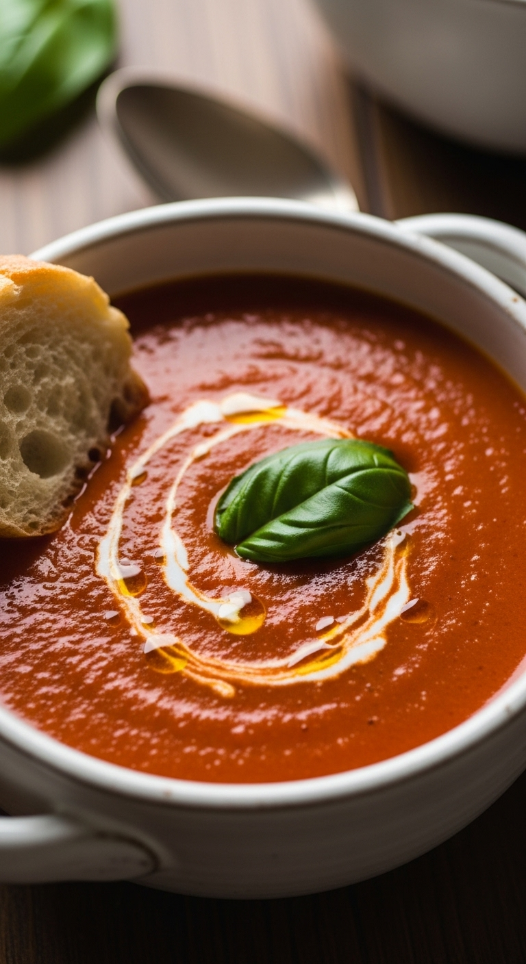 Creamy tomato basil soup in a rustic white bowl with coconut cream swirl, fresh basil garnish, and crusty bread on a warm wooden table, captured in cozy natural light.
