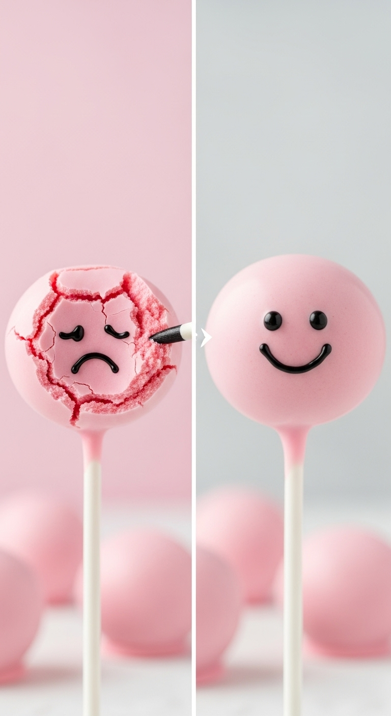 Side-by-side comparison of a cracked pink cake pop with a sad face and a smooth, perfectly coated one with a happy face, illustrating the do's and don'ts of making Starbucks copycat birthday cake pops