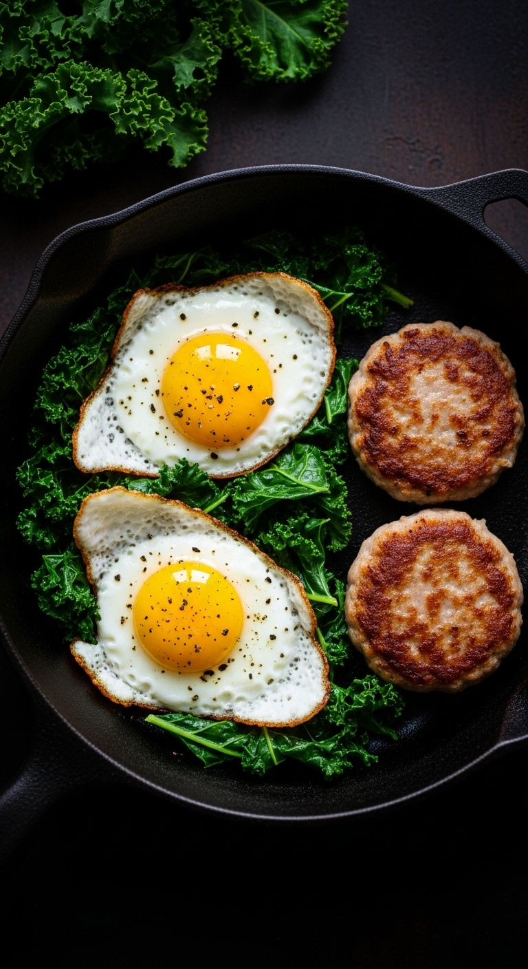 Frizzled sunny-side-up eggs with crispy edges, golden sausage patties, and wilted kale in a black cast-iron skillet, captured in rustic morning light for a simple low-carb, high-protein breakfast recipe.
