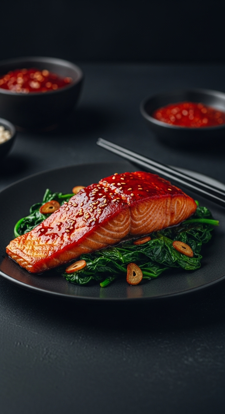 Gochujang-glazed salmon fillet with glossy dark red glaze served on wilted garlic spinach on a dark ceramic plate, accompanied by black chopsticks, captured in moody, dramatic lighting for a low-carb, high-protein meal.