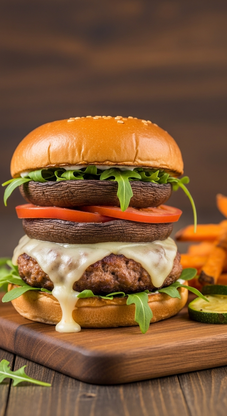 Bunless mushroom-Swiss turkey burger with melted cheese, tomato, and arugula between grilled portobello mushrooms, served on a wooden board with sweet potato fries, captured in rustic, hearty lighting for a low-carb, high-protein meal.
