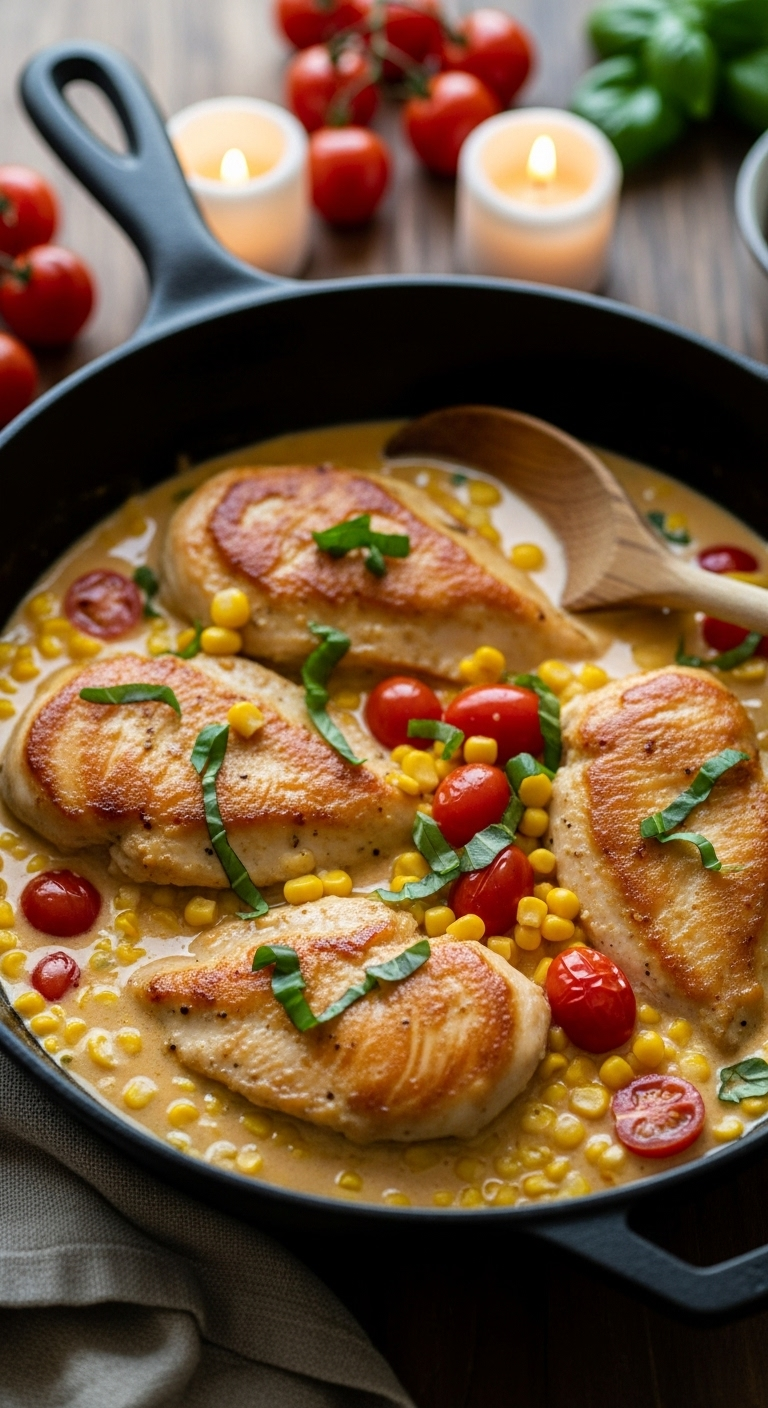 20-minute creamy skillet chicken with golden-brown breasts in a creamy sauce with corn, cherry tomatoes, and fresh basil, served in a black cast-iron skillet with a wooden spoon, captured in warm, cozy evening lighting for a low-carb, high-protein meal.