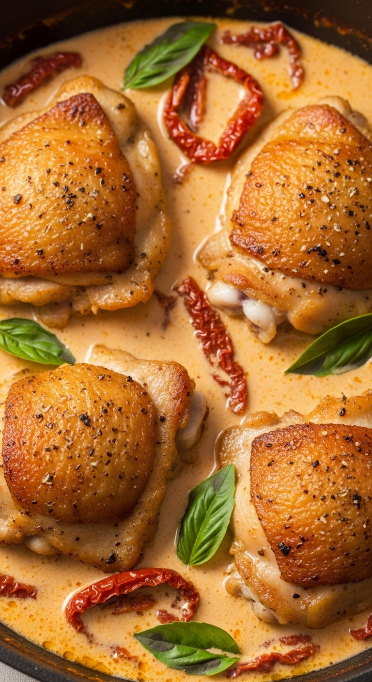 Viral Marry Me Chicken with crispy golden-brown thighs in a rich creamy sauce with sun-dried tomatoes and fresh basil, captured in warm, romantic lighting for a low-carb, high-protein indulgent meal.
