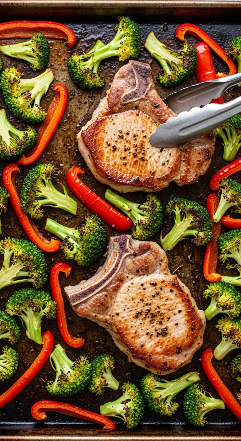 Sheet pan Italian pork chops with golden-brown seared meat, roasted broccoli, and charred red bell peppers, captured fresh from the oven with rustic homestyle lighting for a simple low-carb, high-protein meal.