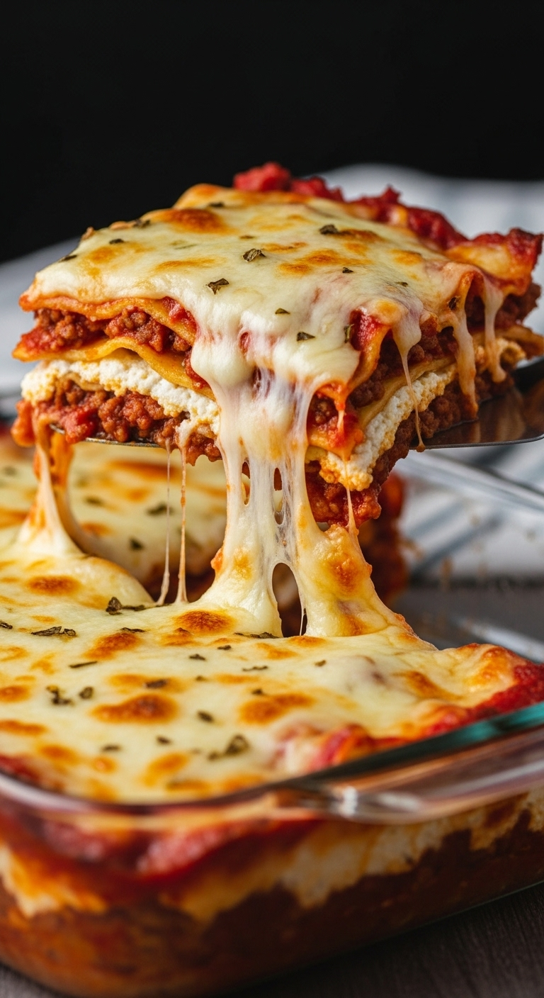 Easy keto lasagna with Crepini wraps, layers of meat sauce and ricotta, topped with golden bubbly mozzarella cheese, shown with a cheese pull as a slice is lifted from a glass baking dish, captured in warm, comforting lighting for a low-carb, high-protein meal.