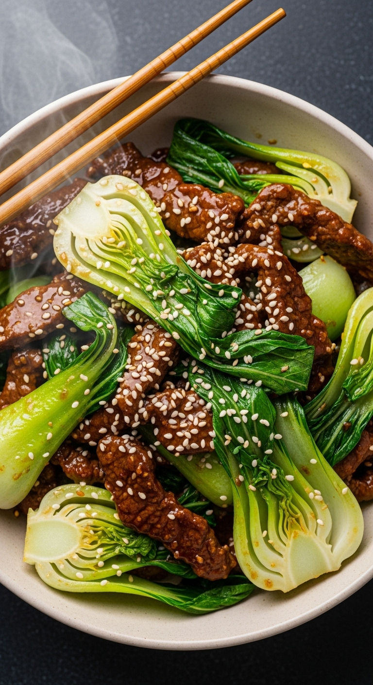 Quick beef stir-fry with glossy sauce-coated beef slices, vibrant baby bok choy, and sesame seeds in a bowl, topped with chopsticks and steam rising, captured in dynamic, vibrant lighting for a low-carb, high-protein meal.