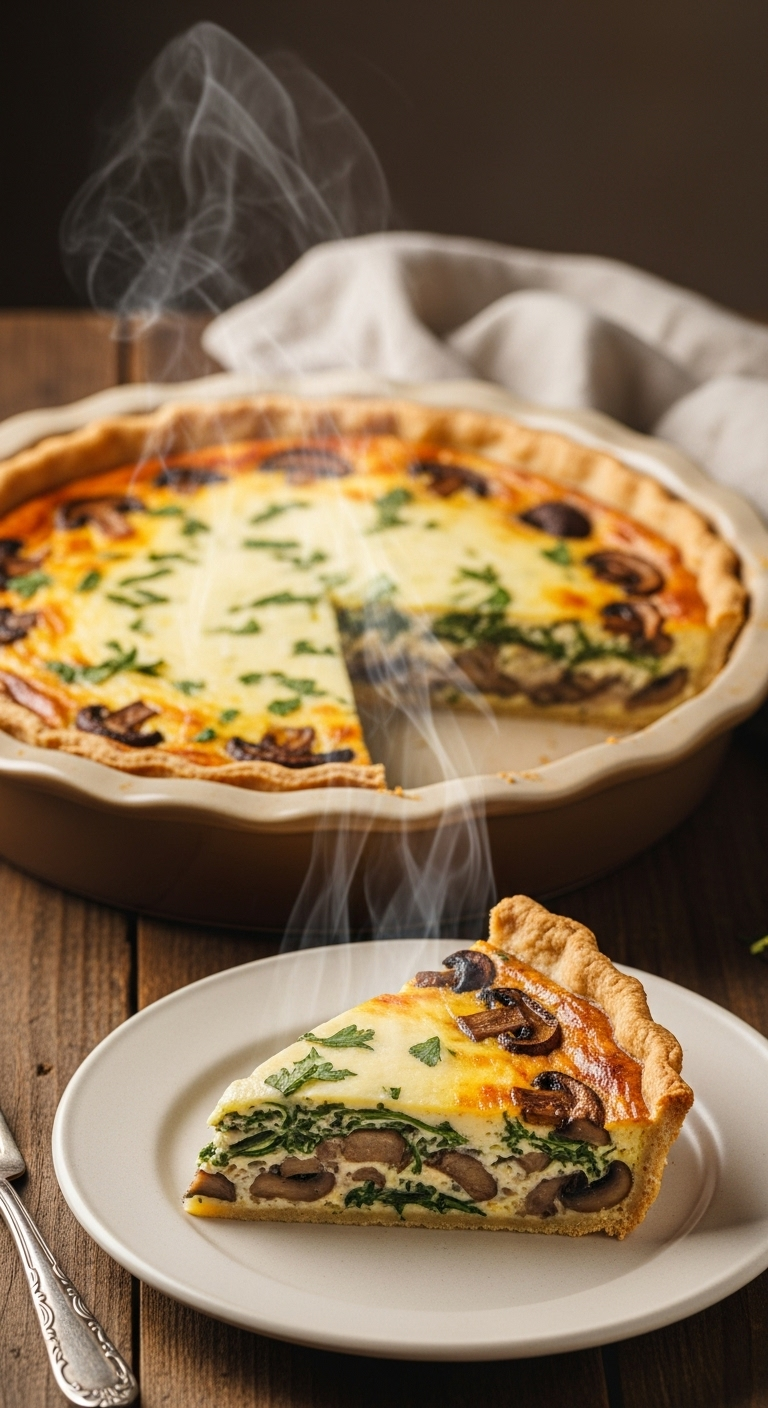 Make-ahead spinach and mushroom crustless quiche with golden-brown top and cheesy egg filling, served with a slice on a plate, captured in warm, rustic lighting for a simple low-carb, high-protein breakfast recipe.