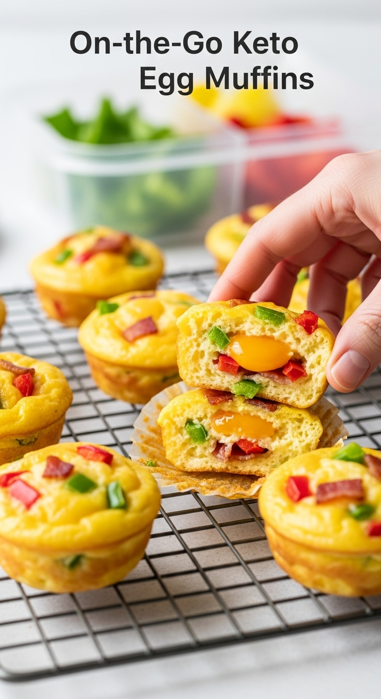 Golden-brown keto egg muffins with bacon, cheese, and colorful peppers cooling on a rack, one broken open to reveal fluffy interior, with a hand packing a muffin into a meal prep container, captured in bright, clean lighting for a low-carb, high-protein recipe.