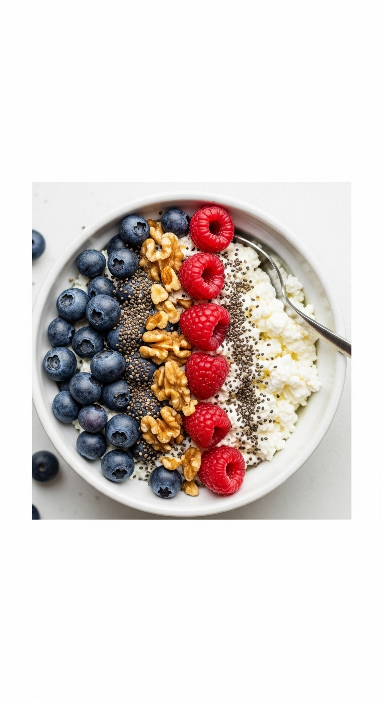 Fresh cottage cheese breakfast bowl topped with blueberries, raspberries, chopped walnuts, and chia seeds in a white ceramic bowl, captured in bright natural light for a simple low-carb, high-protein healthy meal.