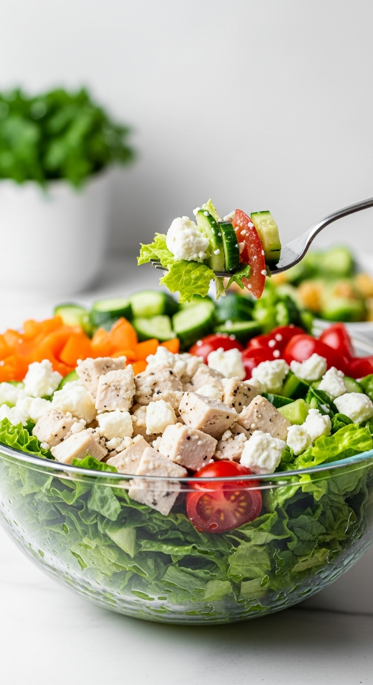 Colorful chopped power salad with chicken, crisp lettuce, tomatoes, and feta cheese in a large glass bowl, with a fork lifting a bite, captured in bright, vibrant lighting for a simple low-carb, high-protein meal.