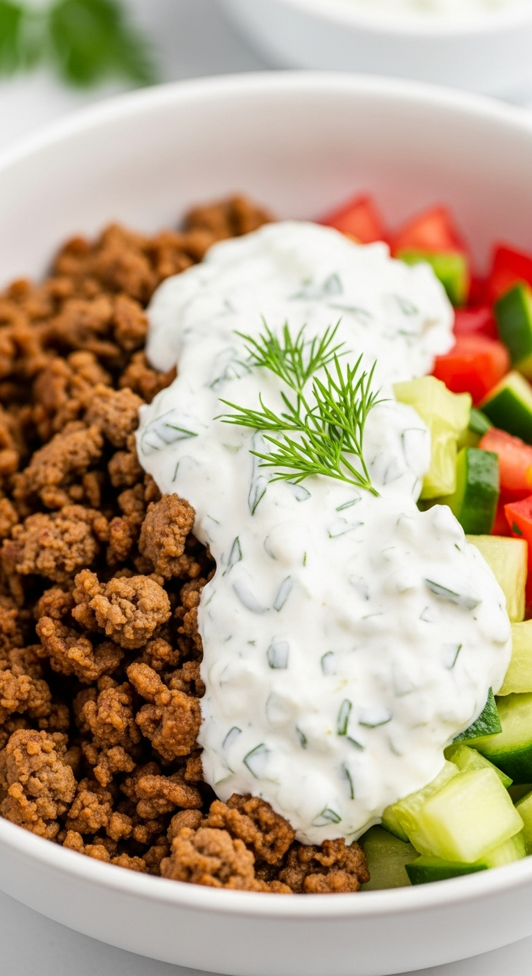 Low-carb turkey gyro bowl with savory ground turkey, crisp veggies, and creamy tzatziki sauce topped with fresh dill in a white bowl, captured in bright Mediterranean-inspired lighting for a simple low-carb, high-protein meal.