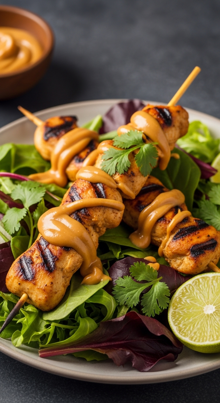 Quick chicken satay salad with grilled chicken skewers drizzled in peanut sauce on mixed greens, garnished with cilantro and a lime wedge, captured in warm, appetizing lighting for a simple low-carb, high-protein meal.