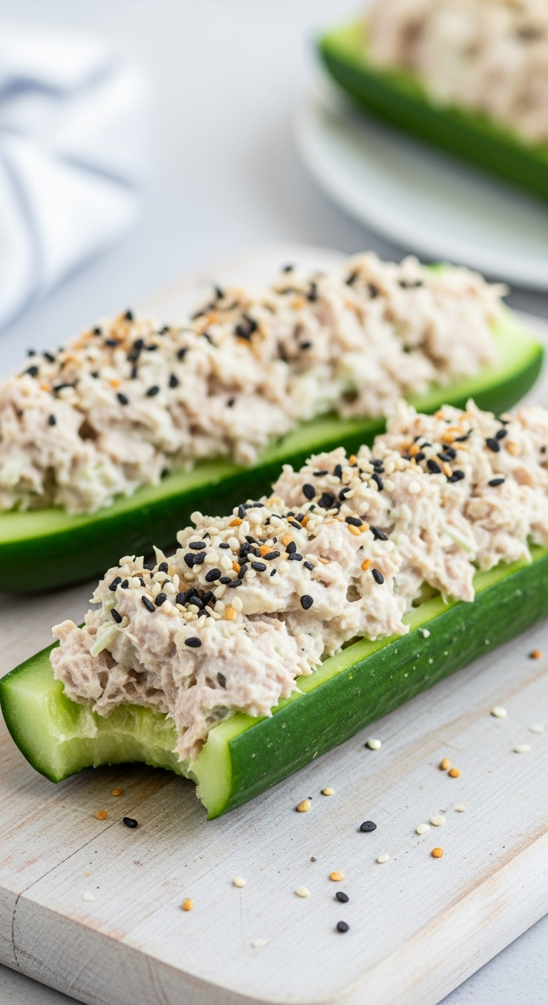Breadless cucumber tuna salad boats filled with creamy tuna salad and sprinkled with everything bagel seasoning, displayed on a light wooden board in bright natural light for a fresh, low-carb, high-protein snack.
