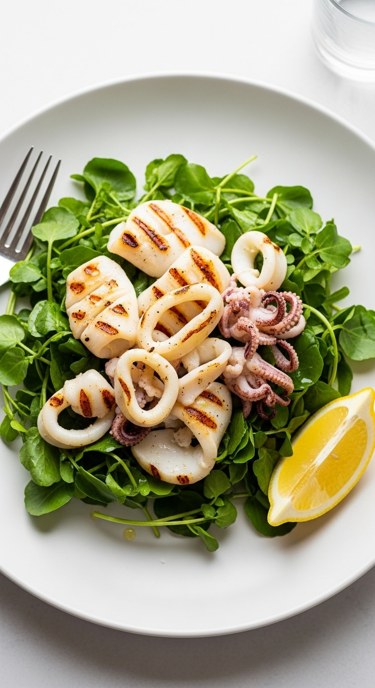 Grilled calamari with light char marks served on a bed of vibrant watercress with a lemon wedge on a minimalist white plate, captured in bright, elegant al fresco lighting for a simple low-carb, high-protein meal.