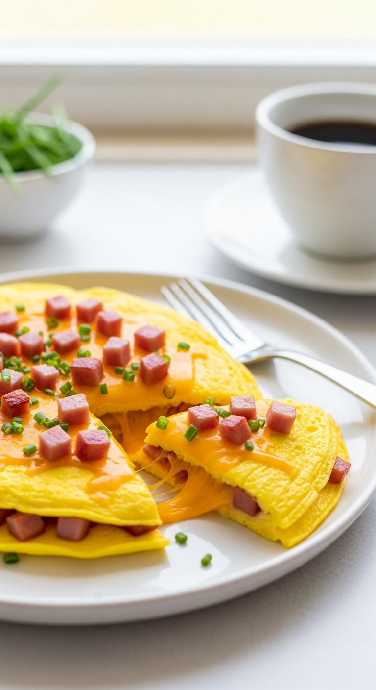 Classic ham and cheese omelet on a white plate with melted cheddar, diced ham, and fresh chives, sliced to reveal the filling, captured in bright morning light with a cup of black coffee in the background for a high-protein, low-carb breakfast.
