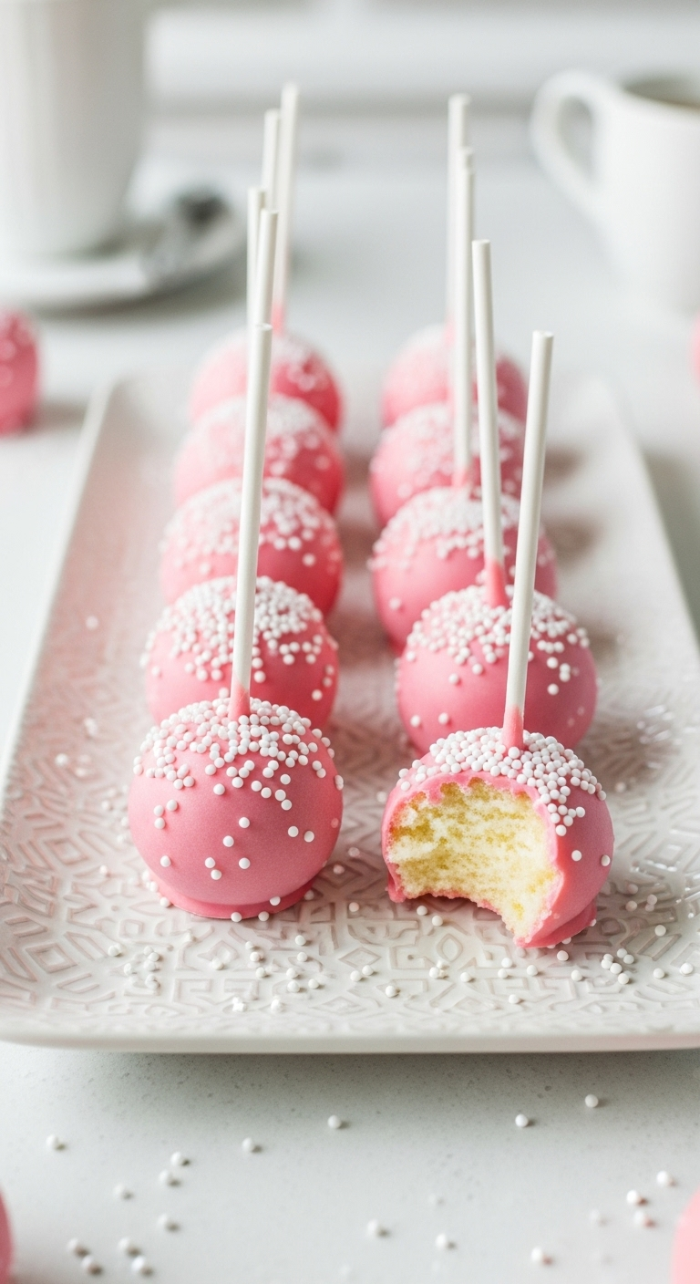 Starbucks copycat birthday cake pops with pink coating and white sprinkles on a platter, one with a bite showing moist vanilla cake, styled on a pastel kitchen counter with soft natural lighting