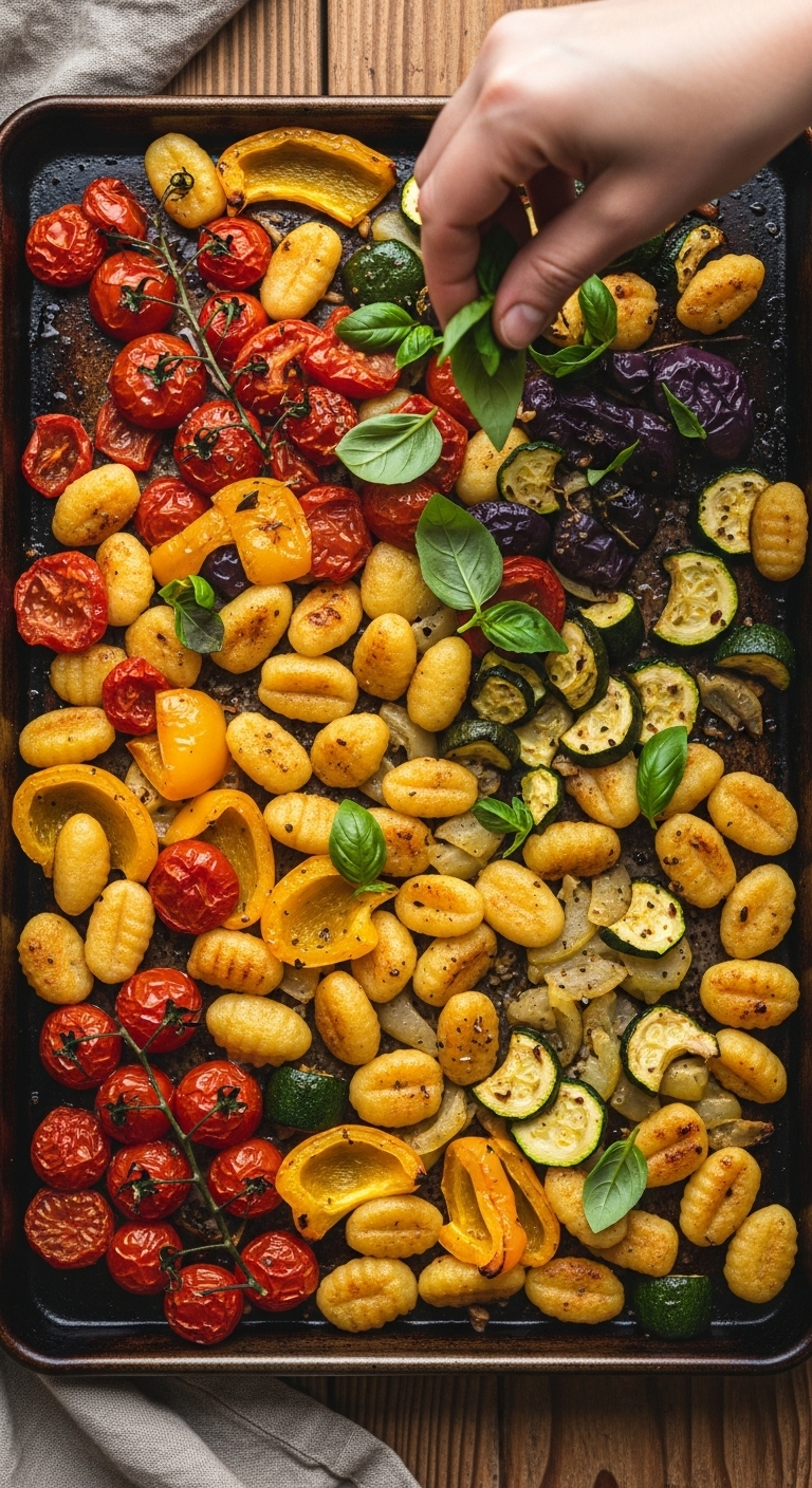Roasted gnocchi and vegetables with red tomatoes, yellow peppers, and green zucchini, glistening with caramelized edges and topped with fresh basil, captured in a warm, rustic golden-hour setting for a healthy food blog post.