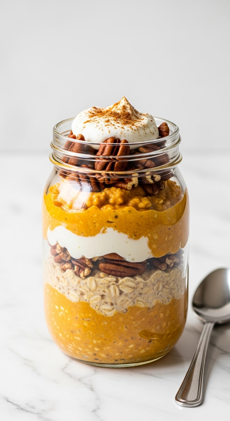 Glass jar of layered creamy pumpkin overnight oats topped with Greek yogurt, cinnamon, and toasted pecans, set on a clean marble countertop with a spoon under brightnatural light.
