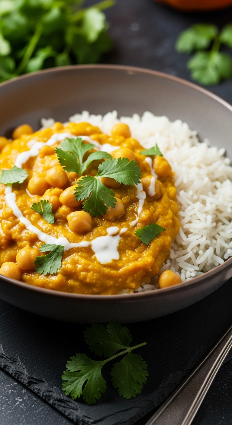 Deep bowl of vibrant yellow pumpkin coconut curry with chickpeas, garnished with fresh cilantro and coconut cream swirl, served with fluffy basmati rice on a dark slate surface under warm, focused lighting.