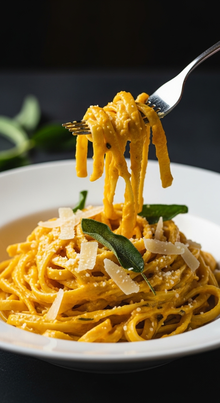 Fork twirling fettuccine in creamy pumpkin alfredo sauce, garnished with Parmesan and fried sage leaves in a white bowl, set against a dark moody background with soft, elegant lighting.