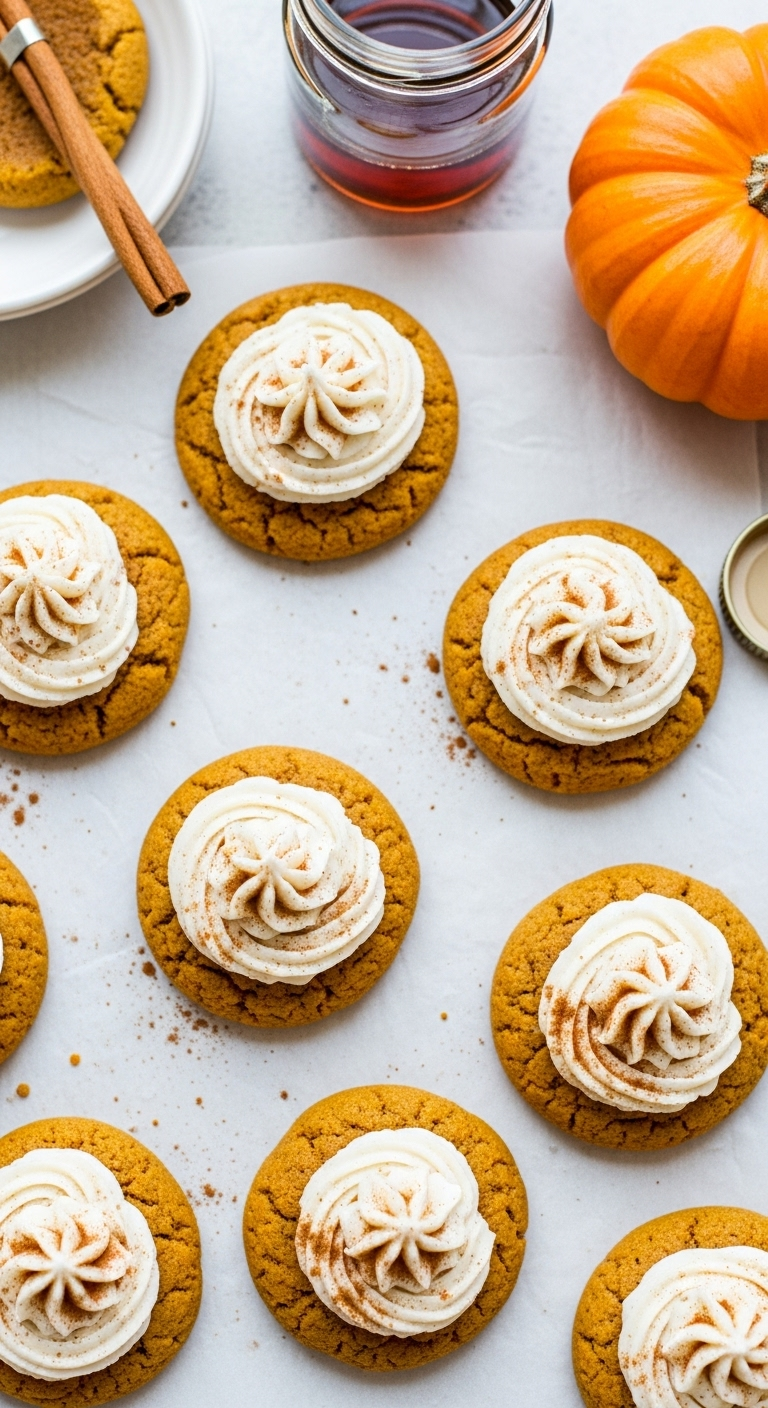 Flat-lay of soft pumpkin cookies with creamy salted maple frosting and cinnamon, styled on parchment paper with a jar of maple syrup and mini pumpkin in the background, captured in sweet, bright lighting.