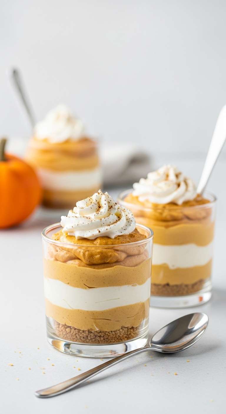 Two glass cups of layered no-bake pumpkin cheesecake with graham cracker crust, creamy pumpkin filling, topped with whipped cream and nutmeg, presented with a spoon under fresh, bright lighting.