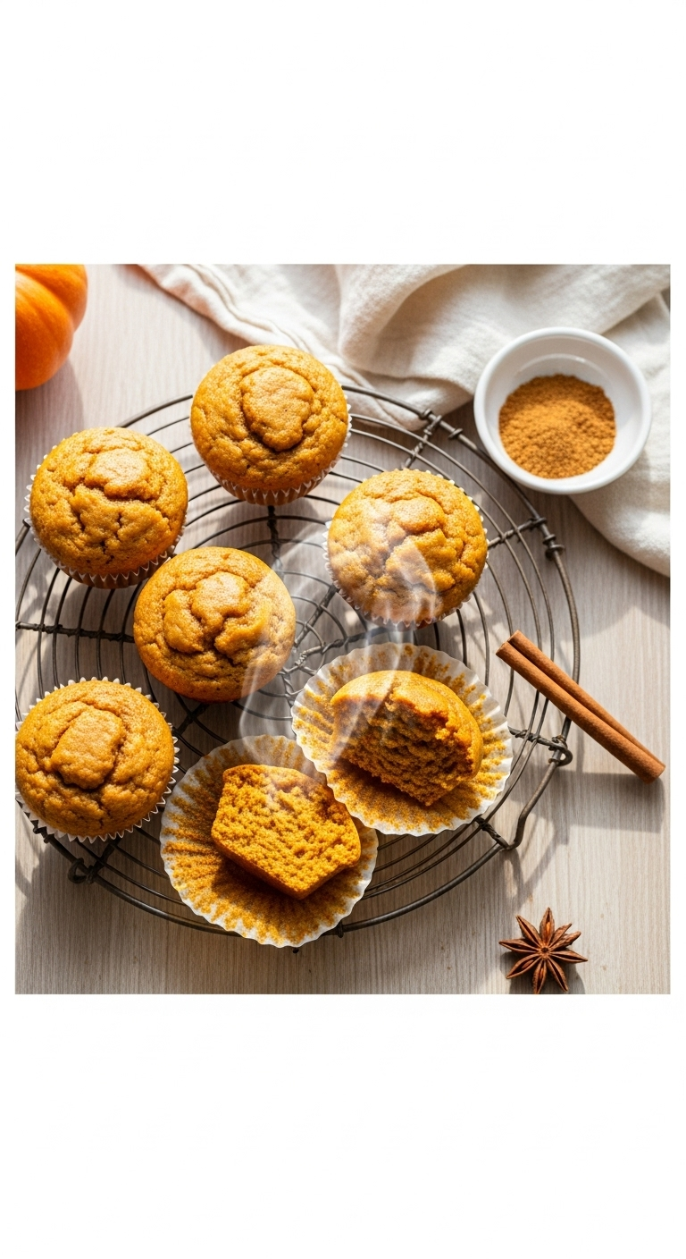 Overhead shot of freshly baked pumpkin protein muffins cooling on a rustic wire rack, with one broken open to reveal a fluffy interior, alongside a bowl of pumpkin spice and cinnamon stick on a light wood surface in soft natural morning light.