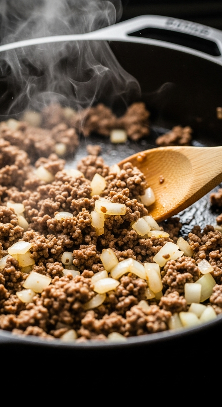 Close-up of sizzling ground beef and diced onions in a black cast-iron skillet with a wooden spoon breaking up the meat, steam rising, and warm focused lighting highlighting the rich textures and browning in a cozy kitchen setting.