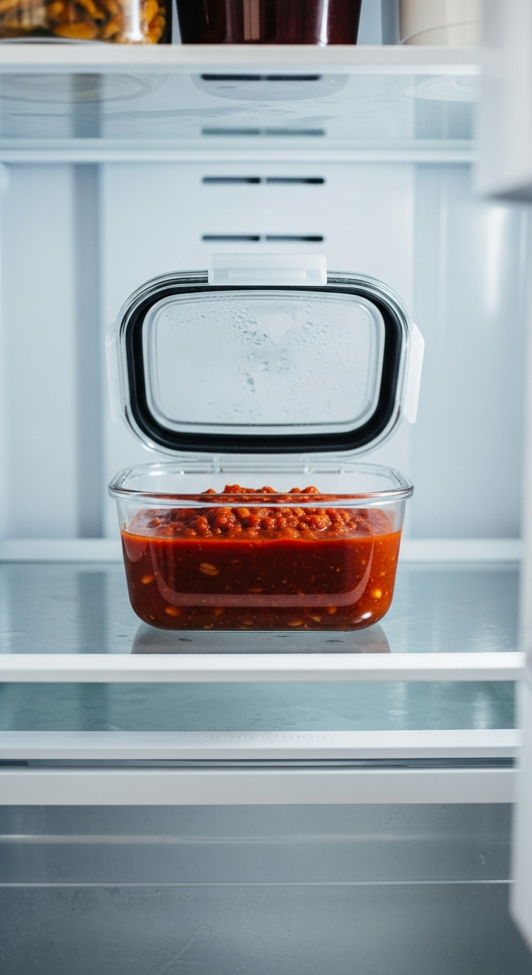 Clear glass airtight container filled with rich dark red chili stored inside a clean modern refrigerator shelf, with condensation on the lid, highlighted by bright natural morning light and cool refrigerator tones.