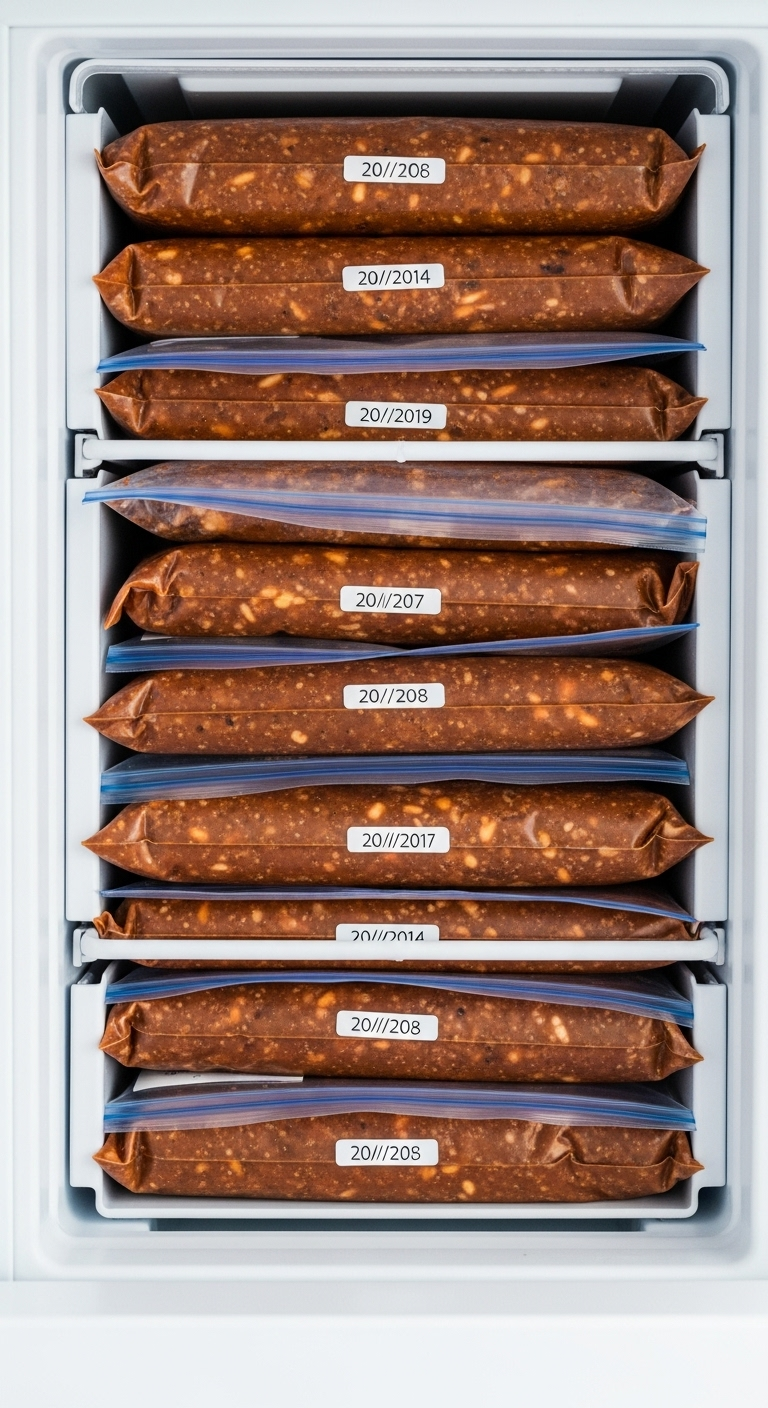 Neatly stacked freezer-safe zip-top bags filled with chili, labeled with dates, arranged flat inside a clean freezer drawer under bright, organized lighting emphasizing smart meal prep and efficient storage.