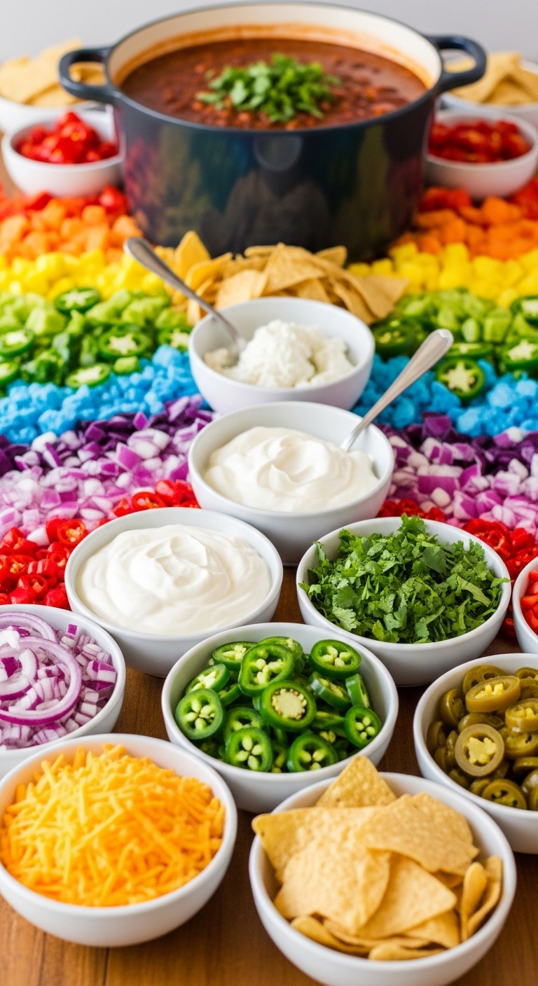 Vibrant chili bar setup with a large pot of chili surrounded by colorful bowls of shredded cheese, sour cream, jalapeños, cilantro, red onions, and corn chips on a wooden table, captured in bright, festive lighting for a fun party atmosphere.