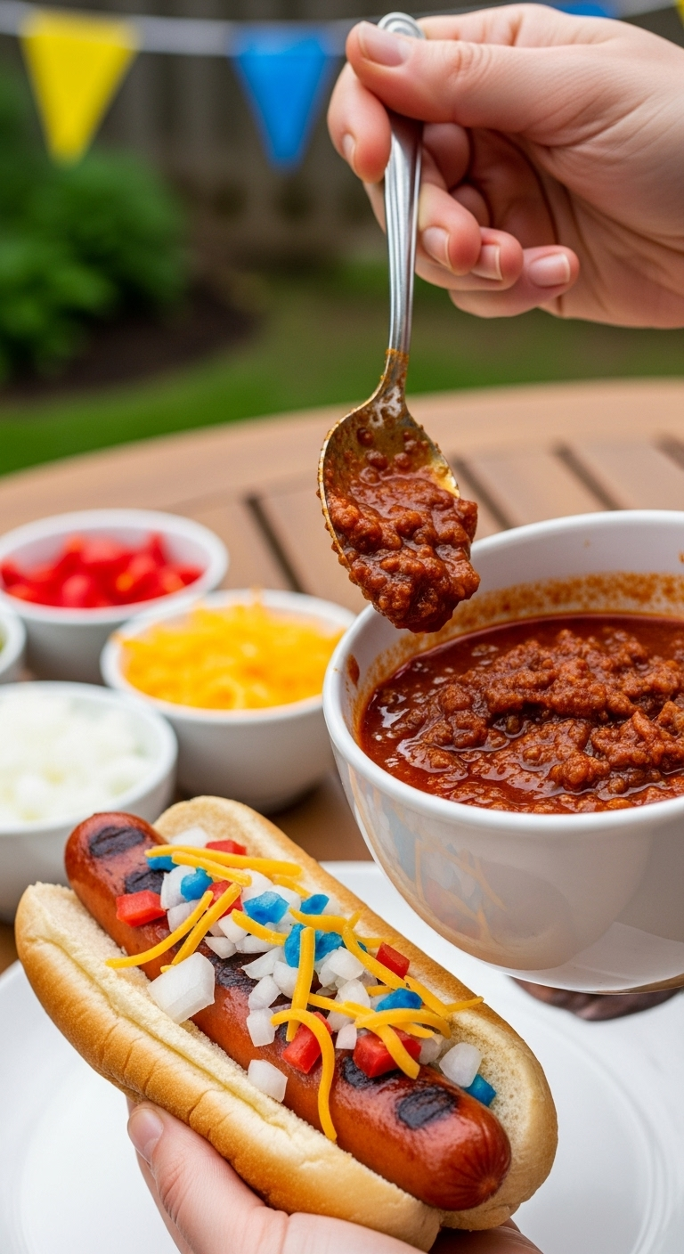 Action shot of a hand spooning rich dark red hot dog chili from a white bowl onto a grilled hot dog in a soft bun, with blurred colorful toppings and green backyard patio background, captured in bright, festive daylight.