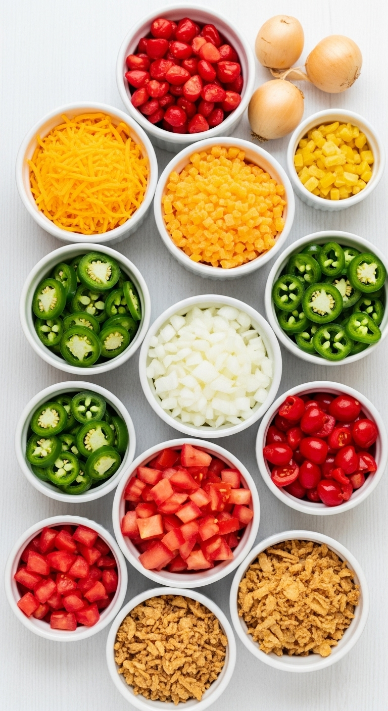 Flat lay of vibrant hot dog toppings in white ceramic bowls including shredded cheddar, diced onions, jalapeños, tomatoes, and crispy fried onions arranged neatly on a clean white or light wood background with bright overhead lighting.