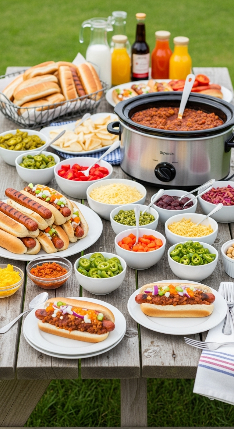 Wide-angle shot of a vibrant hot dog bar setup on a rustic wooden picnic table with grilled hot dogs, buns, slow cooker chili, colorful toppings in white bowls, and finished chili dogs on plates, capturing a lively summer backyard party atmosphere.