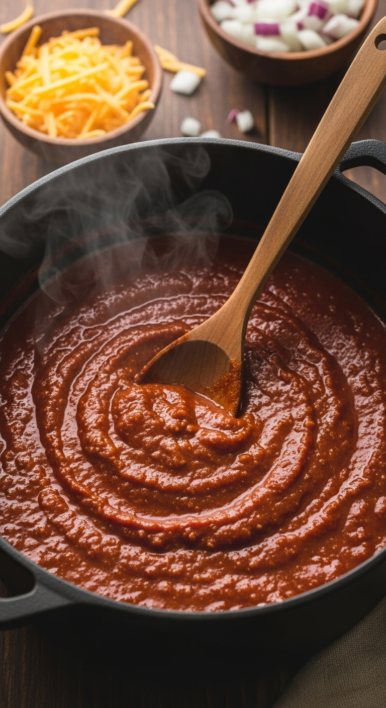 Close-up overhead shot of a rustic cast-iron pot filled with rich, smooth, no-bean dark red hot dog chili, steam rising, with a wooden spoon and nearby bowls of shredded cheese and diced onions, set on a dark wood surface with warm, natural side lighting.