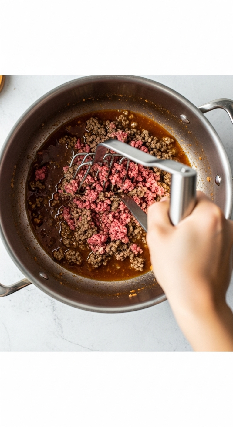 Overhead action shot of a hand mashing browned ground beef in a large stainless steel pot, highlighting the fine crumbled texture and simmering liquid in bright, clean kitchen lighting for a detailed cooking process scene.