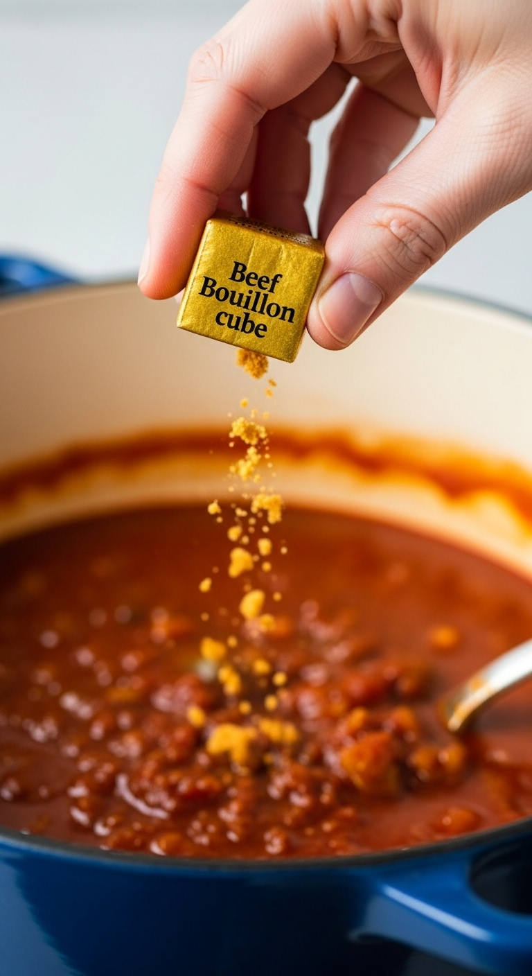 Close-up macro shot of a hand crumbling a golden beef bouillon cube over rich red chili in a large pot, highlighting the cube dissolving as a secret flavor booster in bright, clean lighting with a soft-focus background.