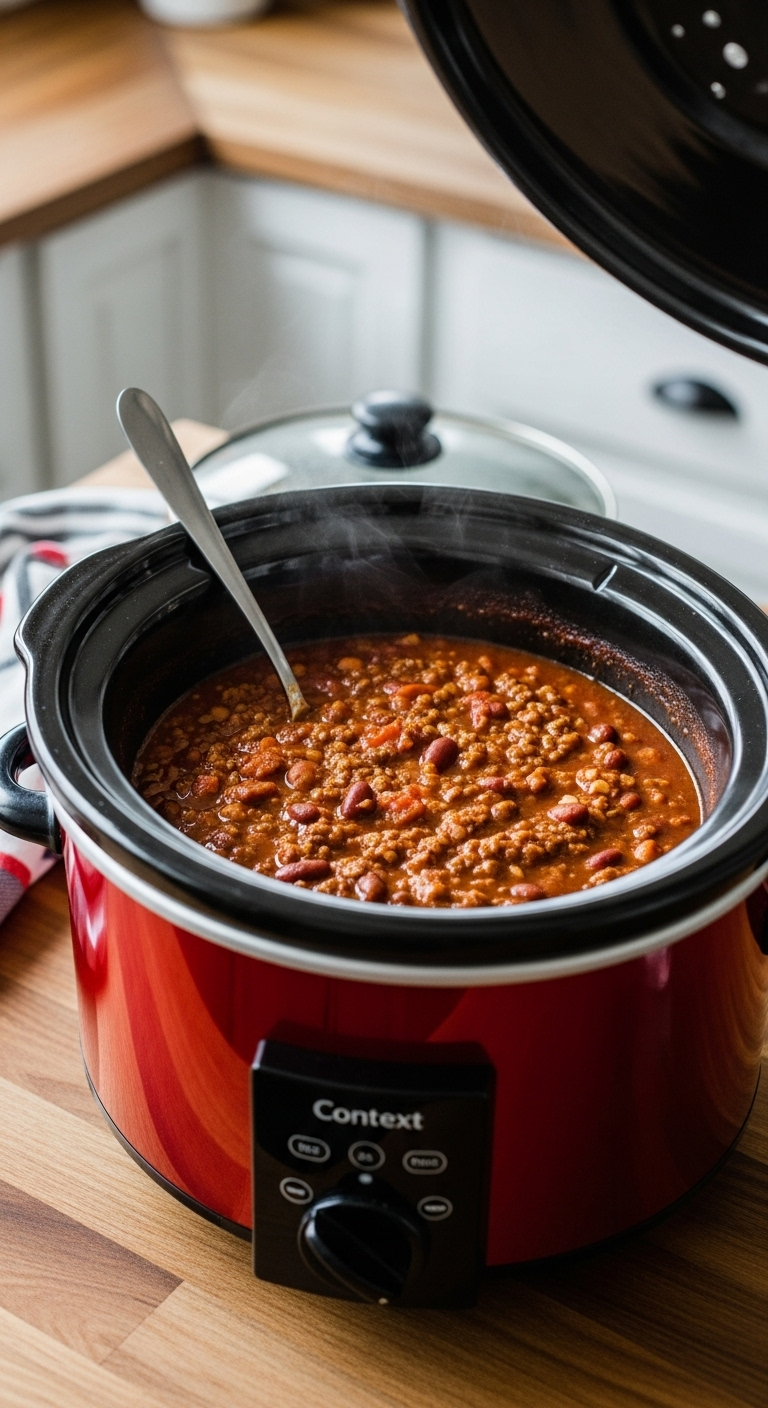 Black ceramic slow cooker insert filled with steaming Wendy's copycat chili, sitting on a wooden countertop in a cozy kitchen with soft warm lighting and the lid slightly ajar.