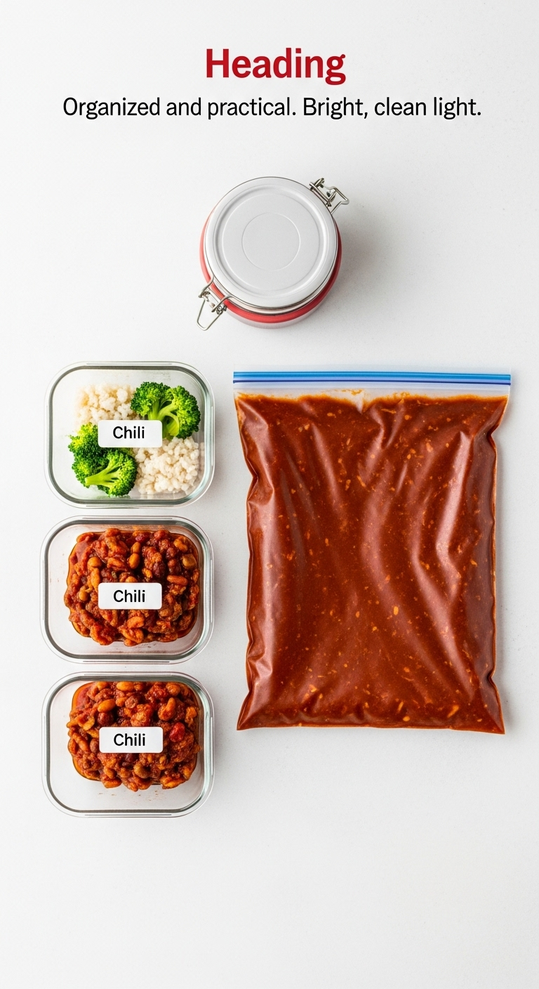 Organized meal prep with three clear glass containers and a labeled freezer bag filled with vibrant red Wendy's copycat chili on a clean white background, highlighting efficient and practical chili storage for easy meal planning.