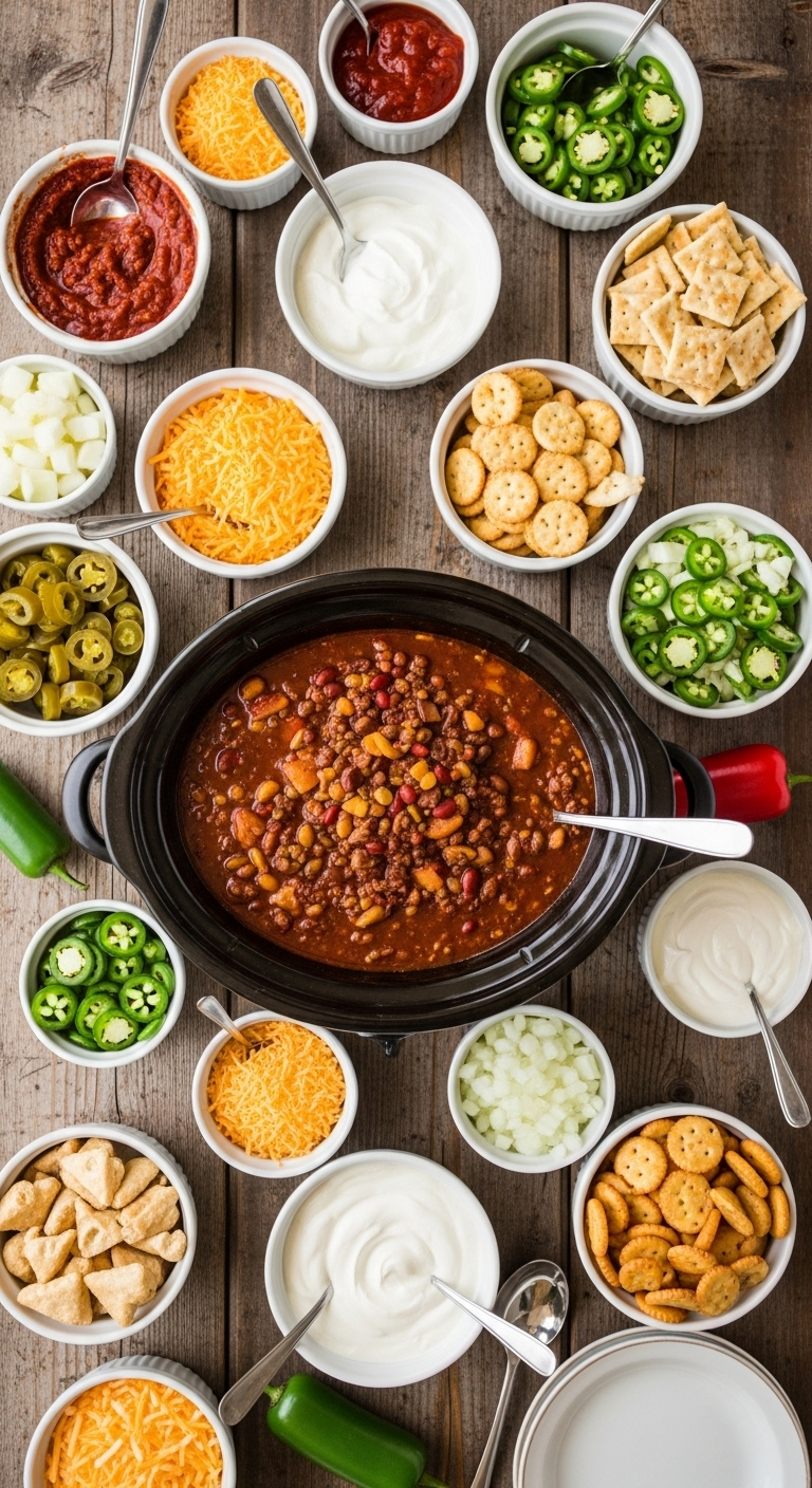 Overhead view of a vibrant chili bar with a slow cooker of Wendy's copycat chili surrounded by white bowls of colorful toppings like cheese, sour cream, jalapeños, onions, and crackers on a rustic wooden table, creating a festive and abundant party setup.