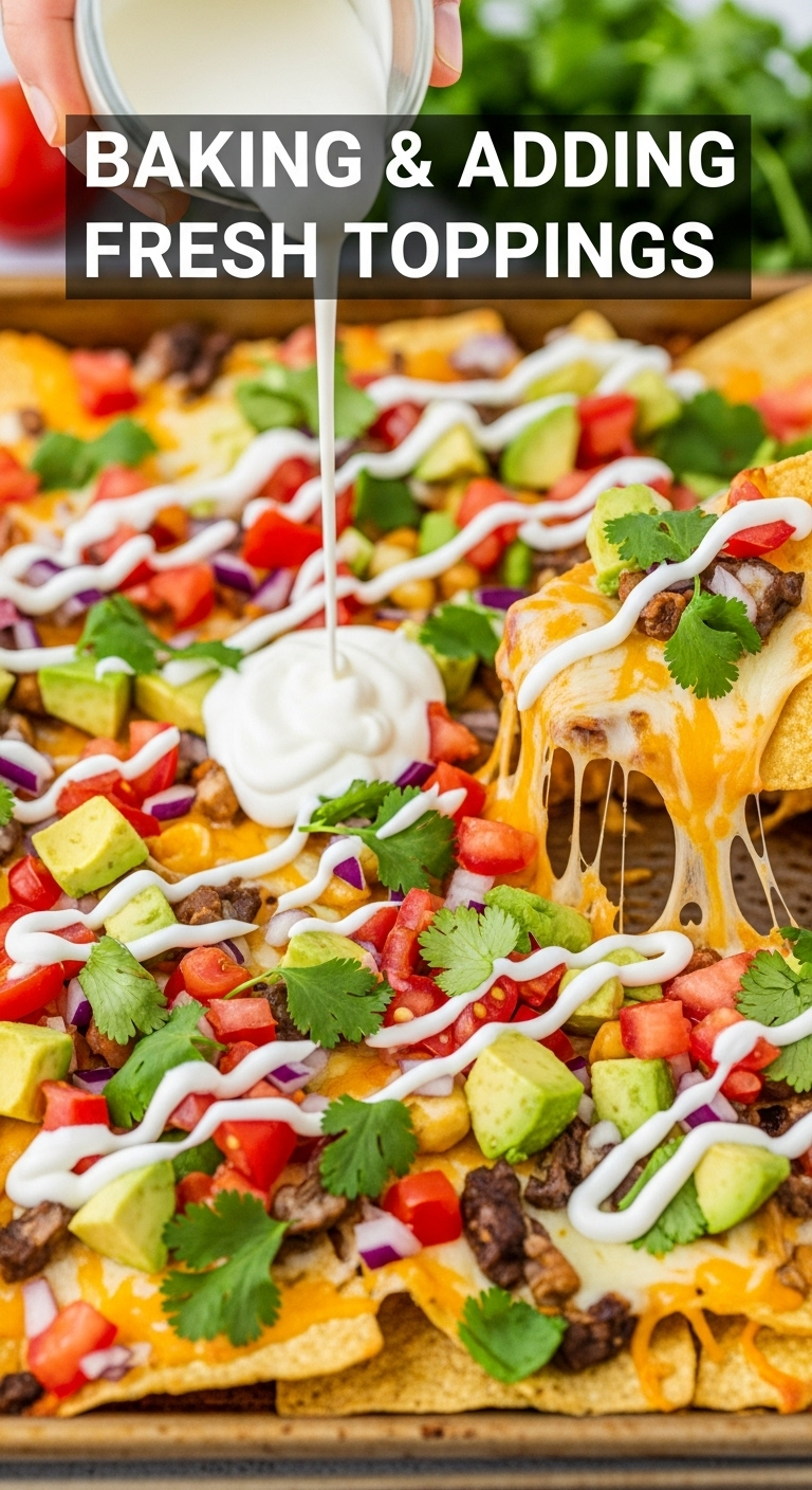 Close-up of freshly baked loaded nachos with melted cheese, vibrant pico de gallo, avocado, and cilantro as a hand drizzles sour cream on top in a festive, appetizing kitchen scene