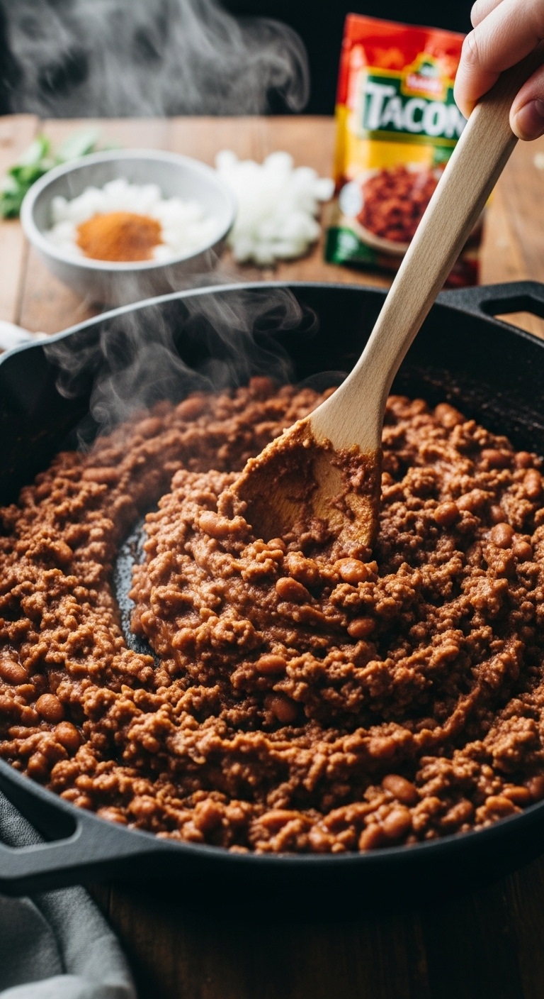 Close-up of seasoned ground beef and beans sizzling in a cast-iron skillet with steam rising, wooden spoon stirring, taco seasoning and onions in background on rustic kitchen countertop
