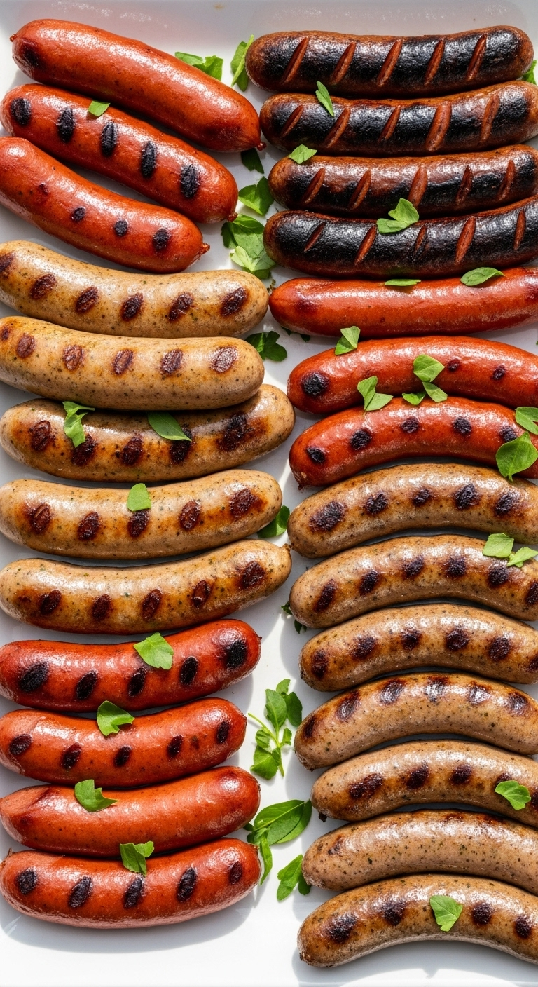 Close-up overhead shot of a white platter with an assortment of grilled hot dogs and sausages including beef franks
