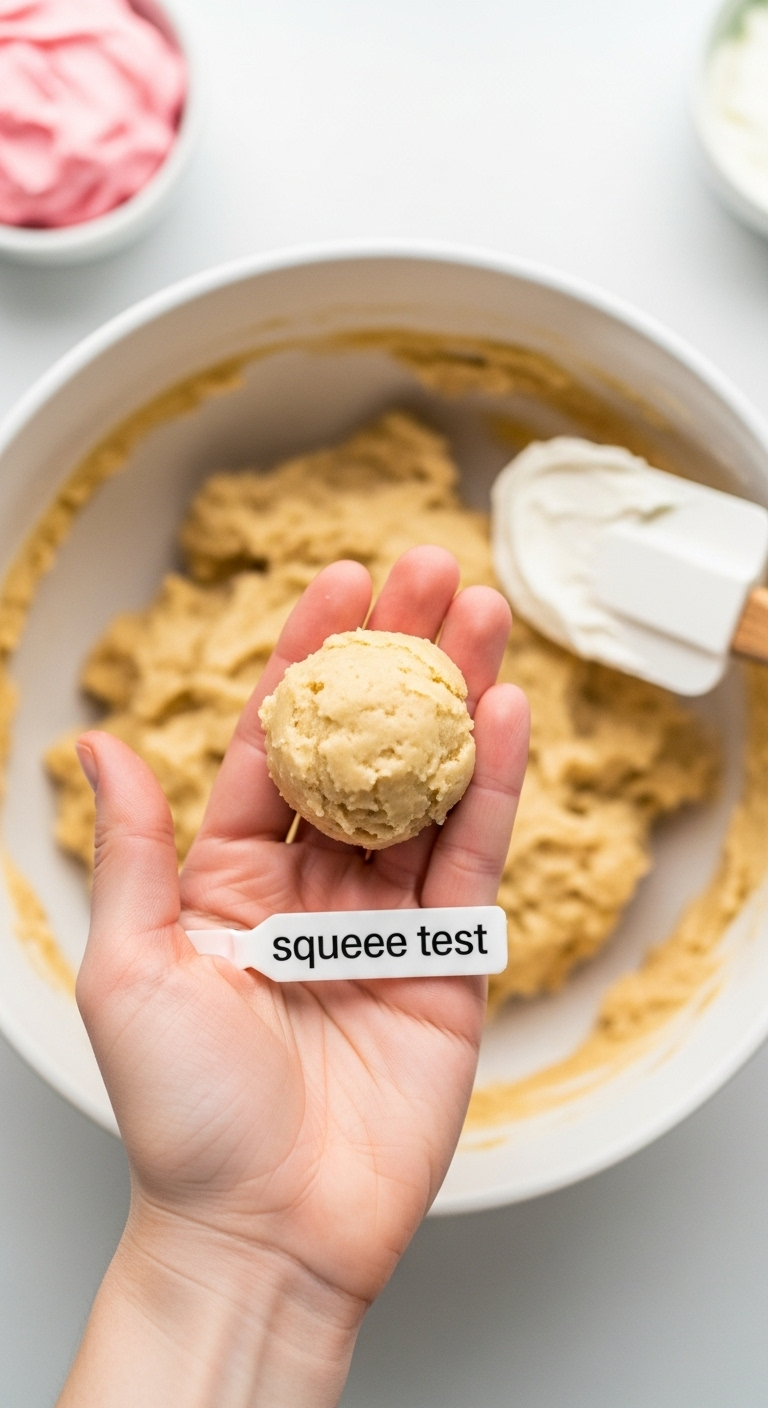 Top-down view of a hand performing the squeeze test on pink cake pop dough in a white bowl, with a spatula resting on the side, showing perfect consistency for Starbucks copycat birthday cake pops