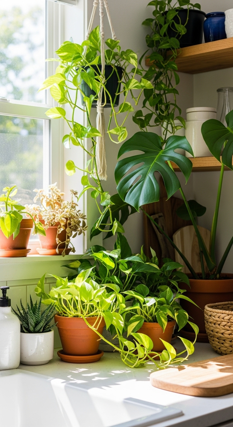 adorn-with-lush-greenery-plants-bohemian-kitchen-golden-pothos-monstera-ceramic-pots