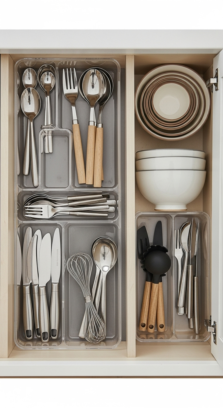 art-of-decluttering-organization-tiny-kitchen-organized-drawer-acrylic-organizer-nesting-bowls