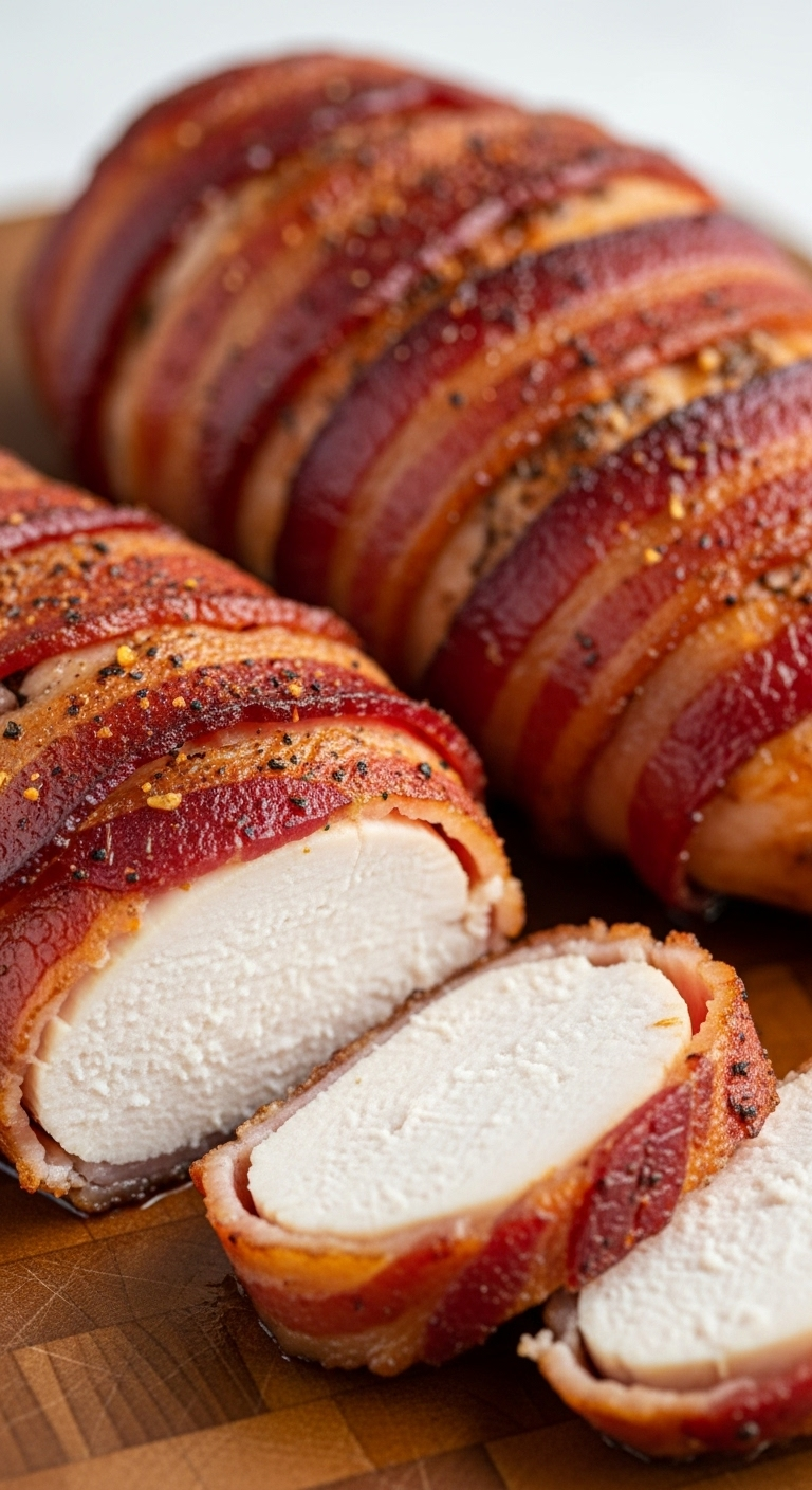 bacon-wrapped chicken breasts on cutting board with sliced juicy interior and crispy bacon exterior