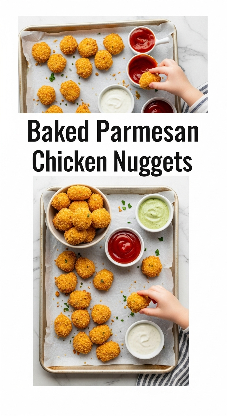 baked parmesan chicken nuggets on baking sheet with dipping sauces and child's hand reaching