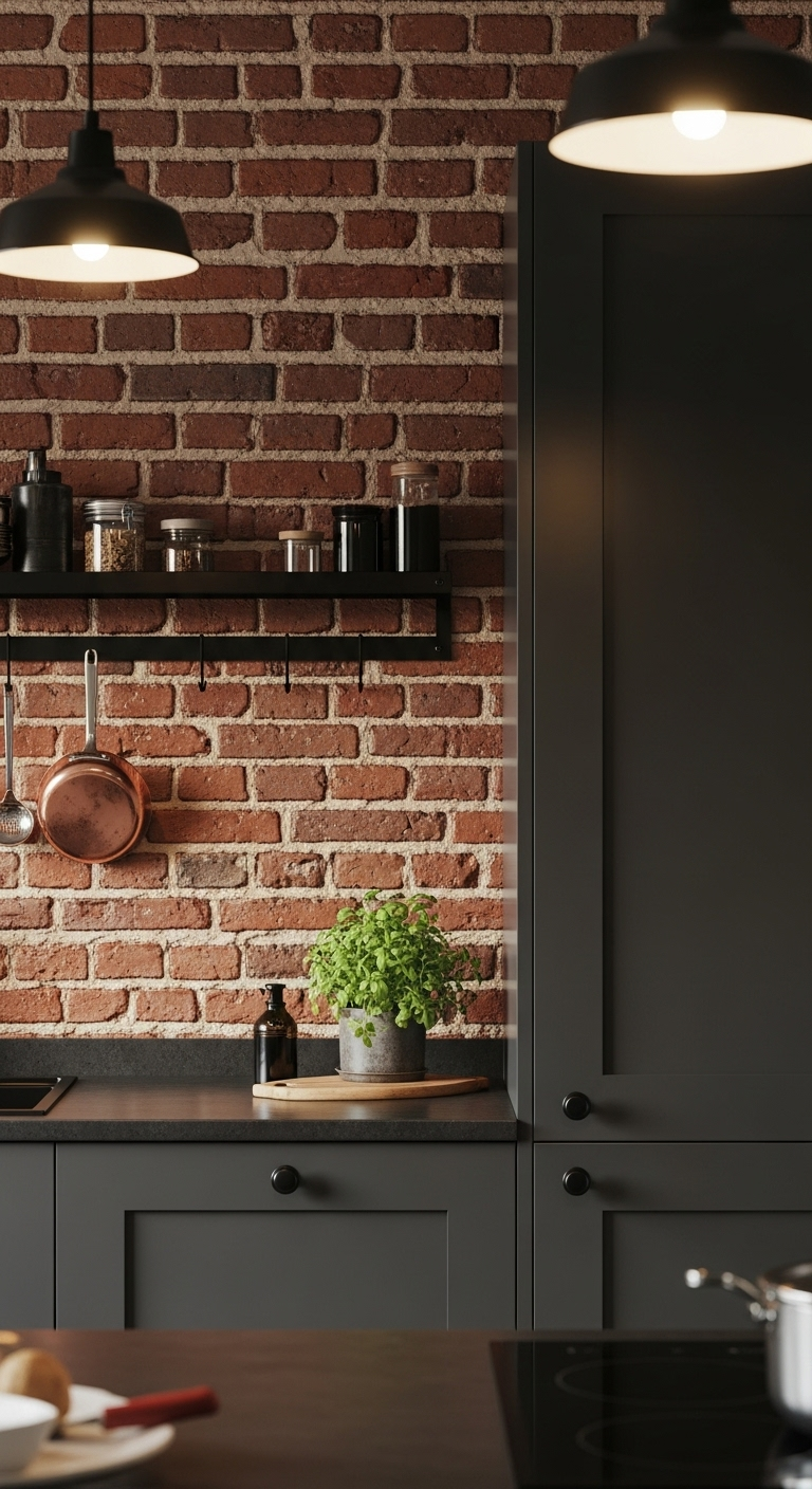 charcoal grey kitchen cabinets with exposed red brick wall and copper pot in warm industrial style haven kitchen
