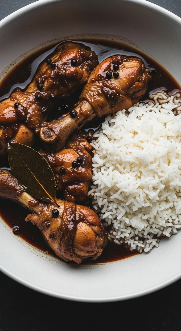 chicken adobo in deep bowl with glossy sauce whole peppercorns bay leaf and fluffy rice